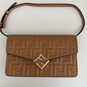 Fendi Tan Embossed FF Leather Shoulder Bag with Gold Hardware